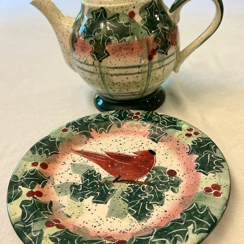 Vintage Julie Ueland 1999 Enesco Ceramic Tea Pot and Saucer